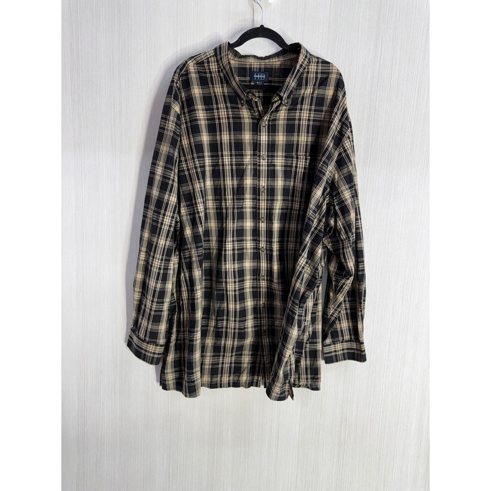 Harbor Bay Mens 4XLT Black Tan Plaid Button Down Shirt Long Sleeve Big & Tall
